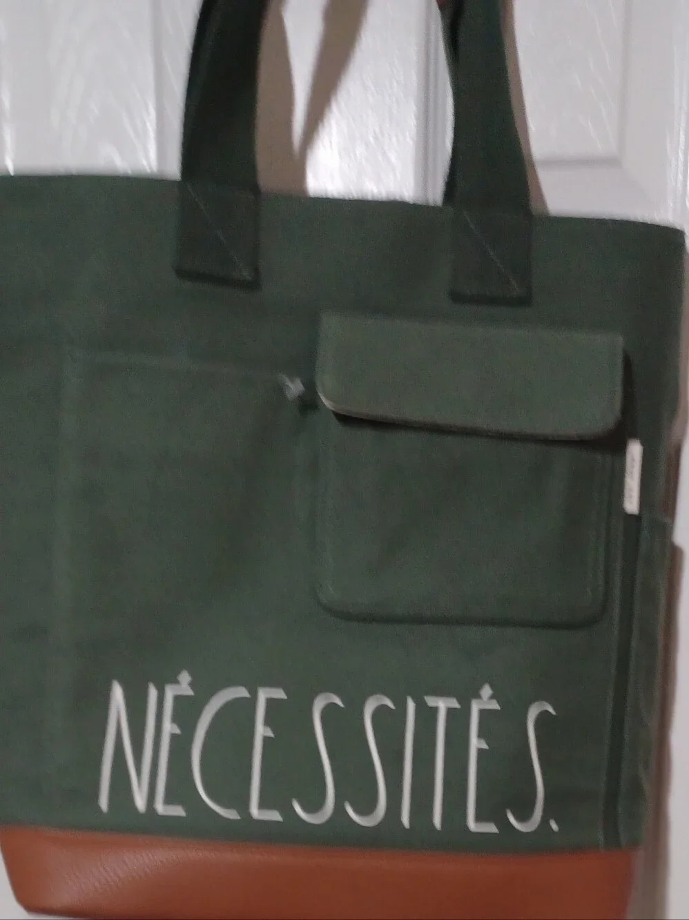 Rae Dunn Green Canvas Messenger Tote with Brown Trim
